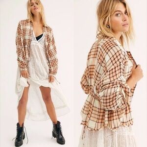 NWT Free People We The Free Pacific Dawn Plaid Shirt Orange Combo
